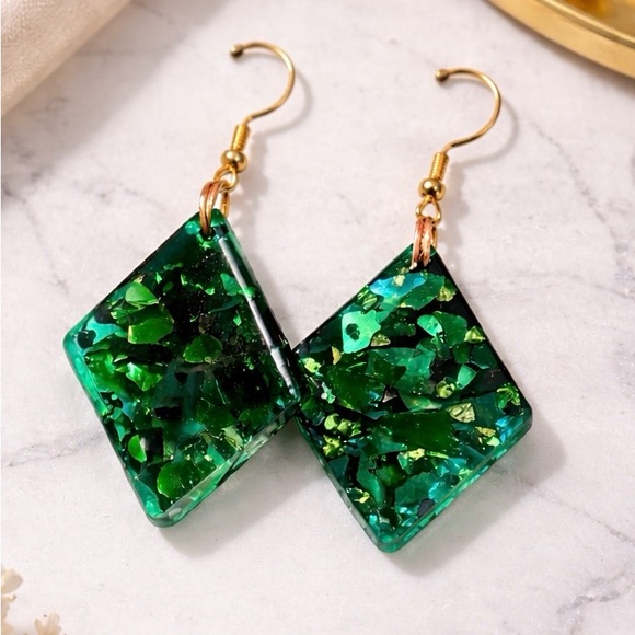 Handmade Emerald Green Resin Dangle Earrings Unique Statement Jewelry - Picture 2 of 4
